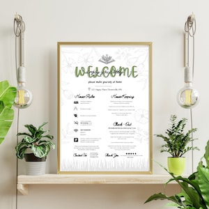 1-stronicowy szablon znaku powitalnego Airbnb, przewodnik powitalny Airbnb, znak z instrukcją wymeldowania wynajmu Airbnb, zasady domu, szablon znaku Wi-Fi Cabin