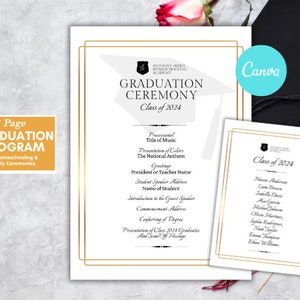 Puede incluir: Una plantilla de programa de graduación de dos páginas para la educación en el hogar o ceremonias familiares. El programa incluye una lista de eventos, como la procesión, la presentación de colores y el himno nacional. La segunda página enumera los nombres de los graduados de la clase de 2024.