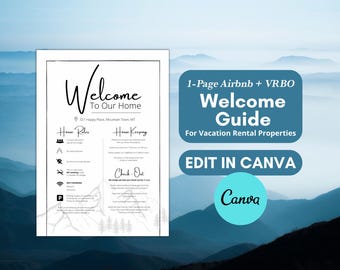 Airbnb House Rules Sign, Mountain Theme Welcome Guide (Canva Template)