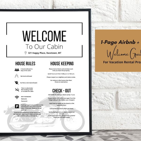 Motorcycle Airbnb Sign, Airbnb House Rules, VRBO Cabin Rental House Rules, Canva Template, Camp Vacation Rental, Crotch Rocket Sport Bike