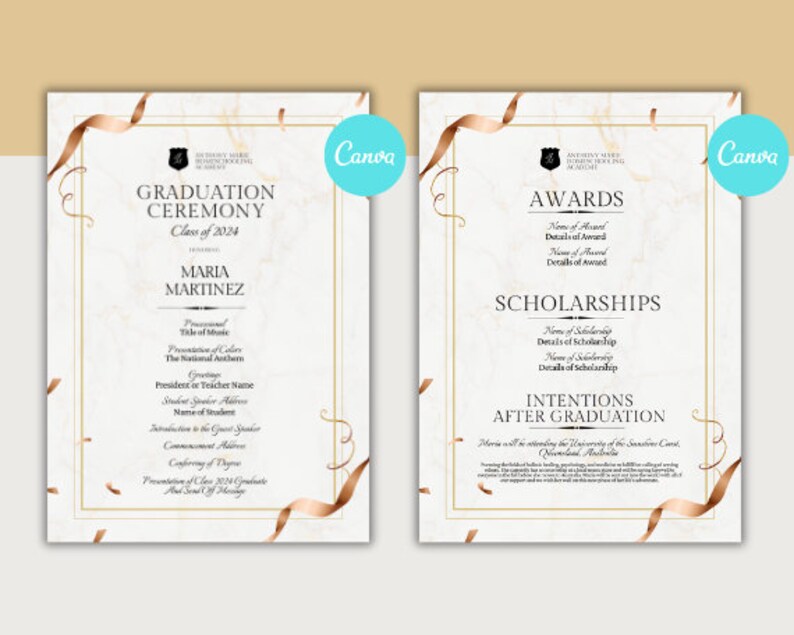 Rose Gold Graduation Program Template, Editable Canva Printable ...