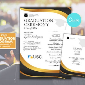 May include: A black and gold graduation programme template with the text "Graduation Ceremony" and "Class of 2024". The programme includes the name "Sophia Rodriguez" and the text "Intentions After Graduation".