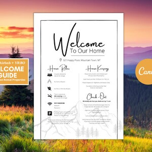 Signo de Airbnb de Woodland Forest, Reglas de la casa de Airbnb, Tarjeta de felicitación imprimible, Montañas, Reglas de la casa, Plantilla Canva, Alquiler vacacional
