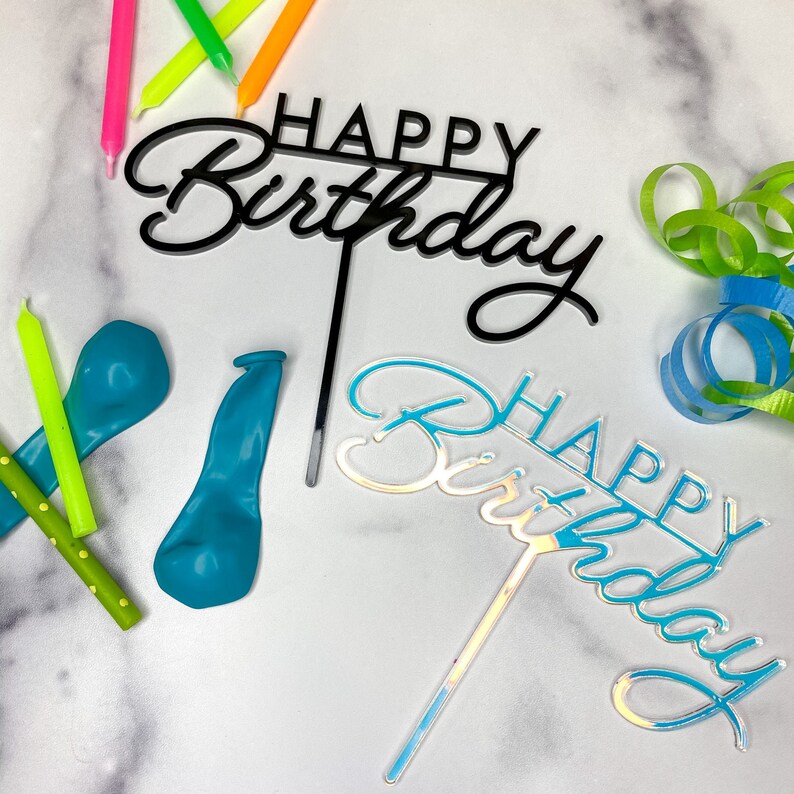 Happy Birthday Modern Cake Topper Wood mirror glitter acrylic Acrylic iridescent cake pick