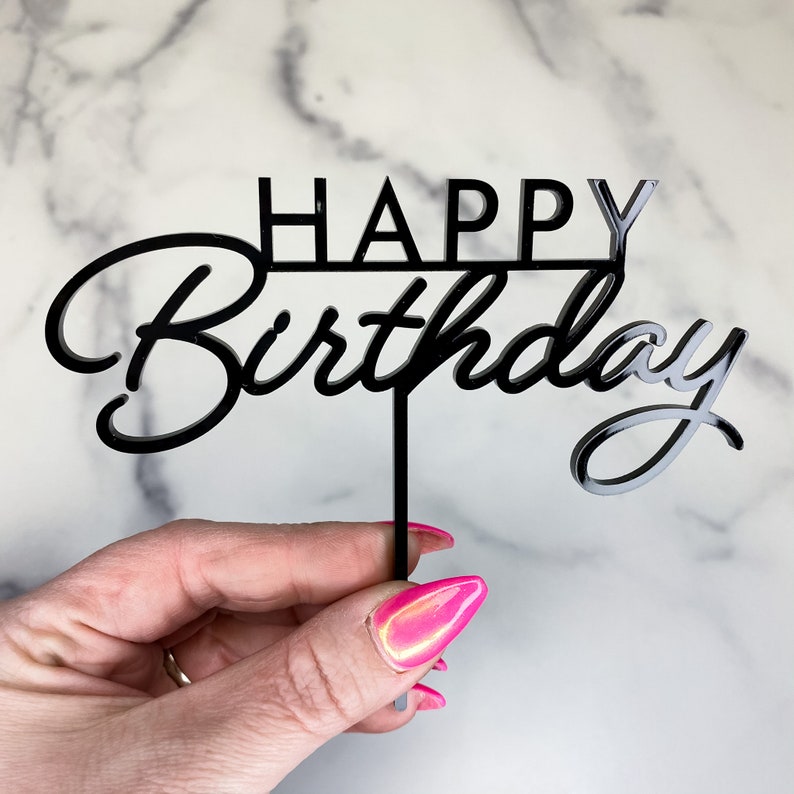 Happy Birthday Modern Cake Topper Wood mirror glitter acrylic Acrylic iridescent cake pick