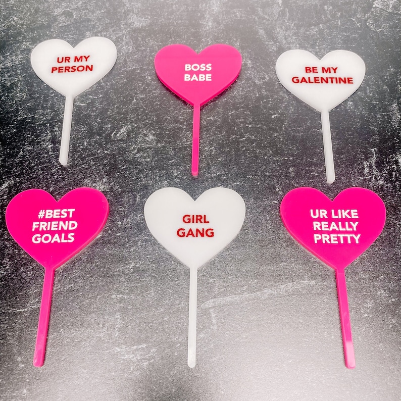 Valentine Candy Heart Cupcake Topper Set of 6 conversation heart cupcake picks with Galentines theme