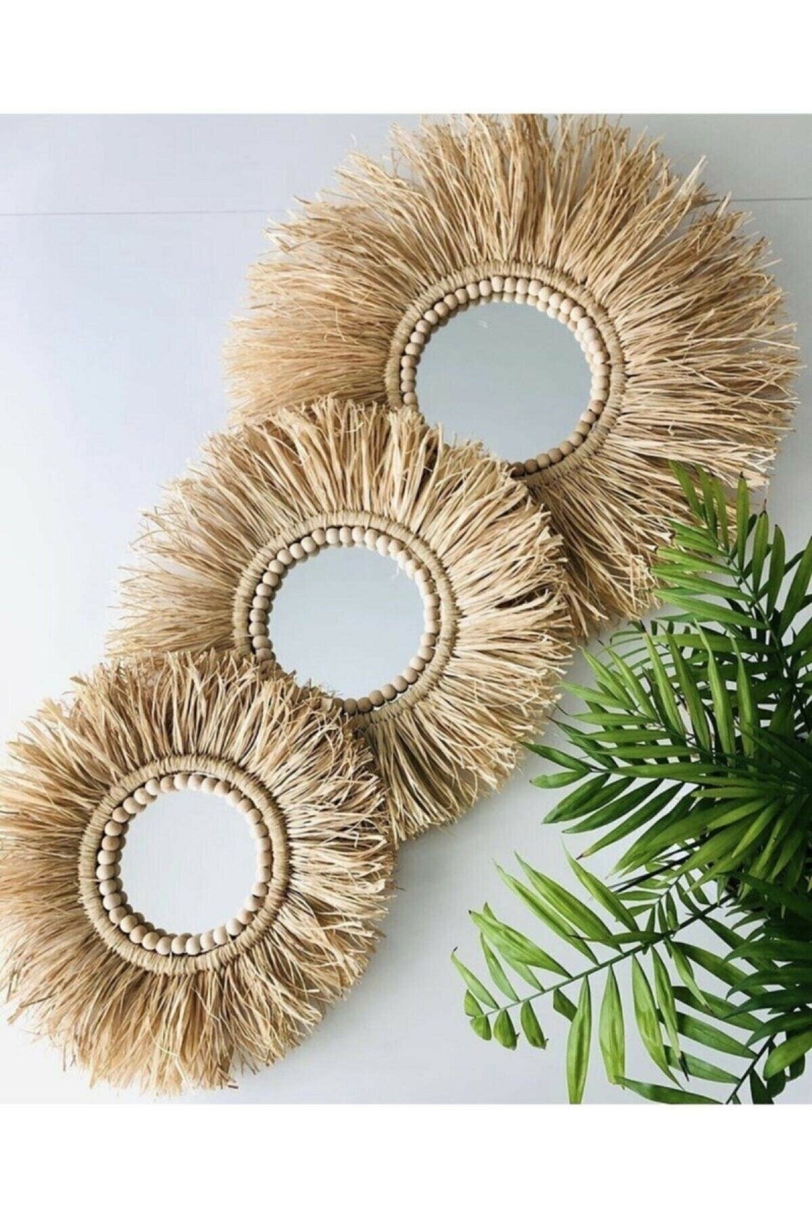 Raffia Mirror Boho Mirror Raffia Wall Decor Round Mirror Etsy