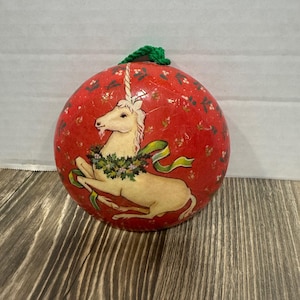 Vintage 1982 Reflections Barry Patch Unicorn Decoupage Christmas Ornament Red 3"