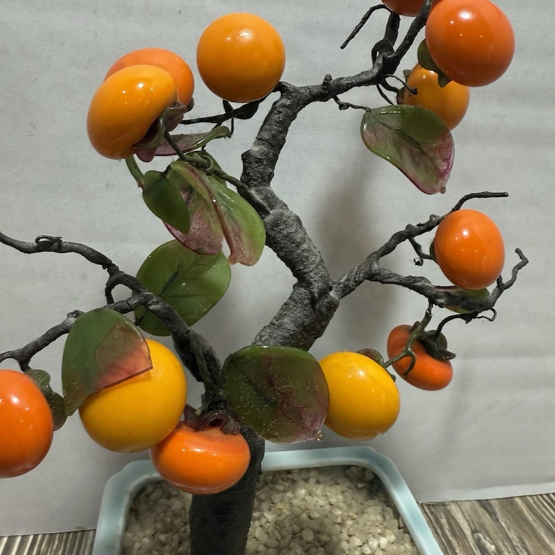 Vintage Japanese Bonsai Tree Lucky Glass Persimmon Fruit With Jade ...