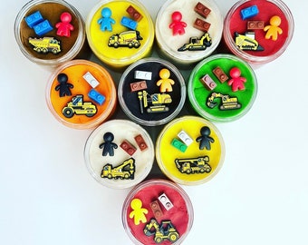 Construction Play Dough Jars, Construction Birthday Party, Construction Party Favors, Construction Birthday, Construction Sensory Jar