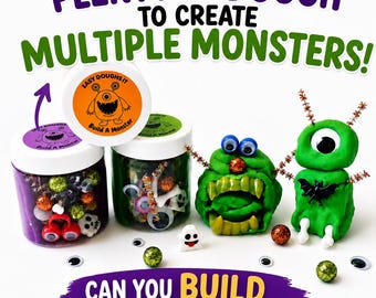 Build-A-Monster Play Dough Sensory Kit Jar - Fun Halloween or Anytime Activity - Choose Your Color Dough Great Class or Birthday Party Favor