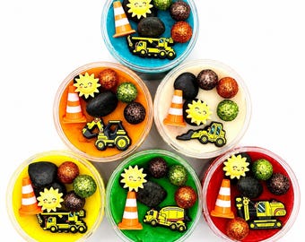 Construction Play Dough Sensory Jars - Customizable Colors & Sizes | Trucks and Fun Pieces | Perfect Kids Birthday Party Favor or Activity