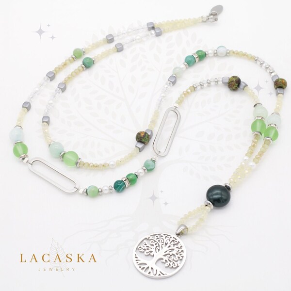 Lebensbaumkette mit grünen Edelsteine, lange Kette mit Anhänger, handgefertigt, Perlenkette