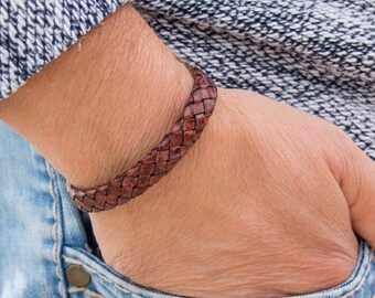 Leather bracelet vintage brown, leather bracelet men, men's jewelry, wide braided