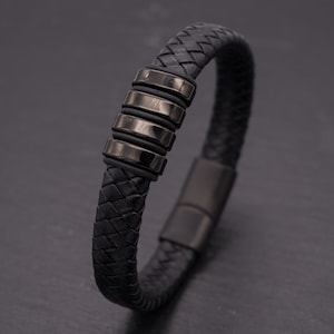 Men's leather bracelet wide black silver braided, stainless steel, magnetic clasp, gift for men, jewelry, size selectable
