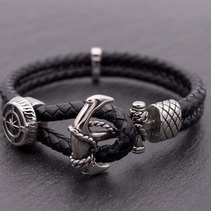 Anchor compass bracelet leather men men's bracelet black braided