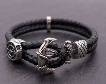 Anchor compass bracelet leather men men's bracelet black braided