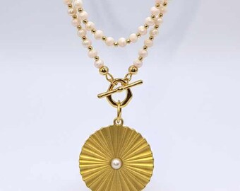 Necklace women, Sun, pearl necklace, long necklace with pendant, apricot/gold chain, costume jewelry, necklace women, pearl jewelry