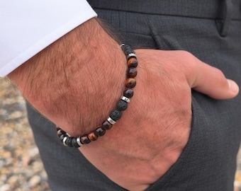 Bracelet made of tiger eye, lava and hematite - natural stone jewelry for men and women, pearl bracelet, designer jewelry, handmade