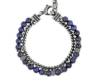 Double bracelet for men, gemstone bracelet, pearl jewelry, pearl bracelet men, stainless steel bracelet, gift ideas