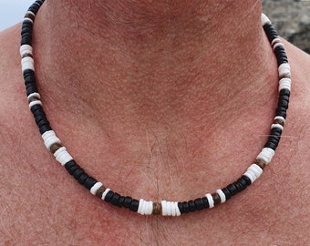 Handmade surfer necklace made of shell beads and coconut beads for men, men&#39;s necklace, surfer style, men&#39;s pearl necklace, 2 lengthts
