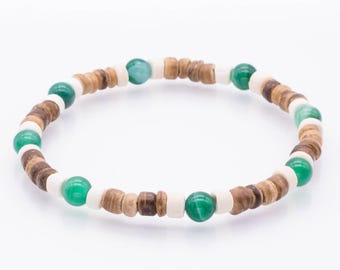 Surfer style bracelet with coconut and green agate beads, jewelry for men, men's jewelry, bracelets, many sizes