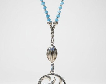 Necklace with pendant, long necklace for women, light blue, silver, pearl necklace for women, fashion jewelry, necklaces, whale tail, rhinestones, gift ideas