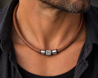 Leather necklace for men, stainless steel beaded necklace, men's choker, adjustable jewelry, short chain, high-quality fashion jewelry, handmade