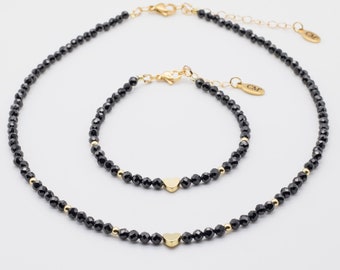 Carmen Black Spinel Faceted Necklace and Bracelet Heart Hematite Gold Silver Gifts for Her
