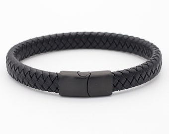 Herren Lederarmband breit schwarz geflochten mit 3 Verschlussvarianten