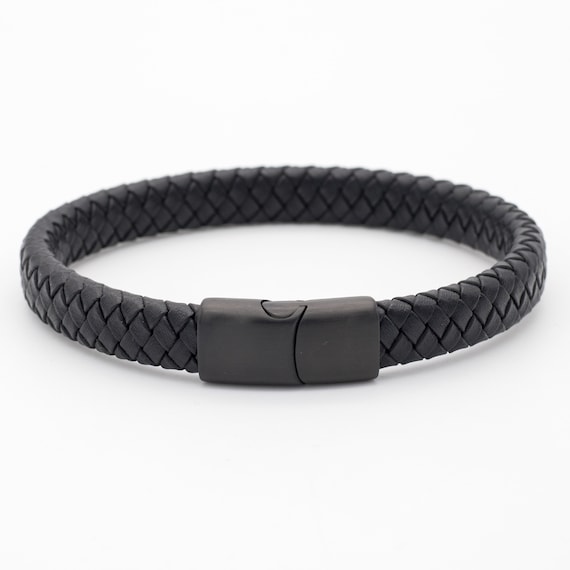 Buy AYESHA Mens Rugged Black Leather Link Bracelet With Silver Closure |  Shoppers Stop