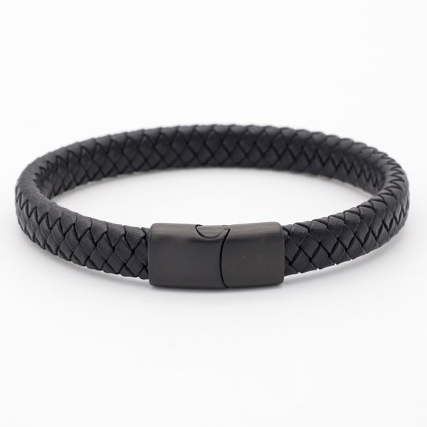 Large bracelet homme en cuir tressé noir avec 3 options de fermeture