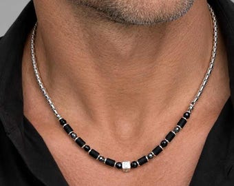 Men's necklace made of pearls and stainless steel with black obsidian and hematite; masculine pearl necklace; men's stainless steel necklace; fashion jewelry