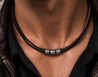 Leather necklace for men, stainless steel beaded necklace, men's choker, adjustable jewelry, short chain, high-quality fashion jewelry, handmade