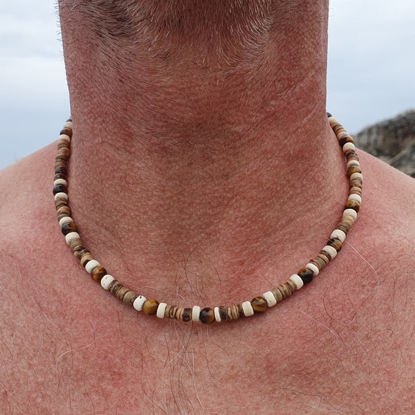 Surfer Kette aus braunen Kokos Scheiben, Muschelperlen, Boho Style, Halskette Herren, Männerschmuck, Surferschmuck, 2 Varianten