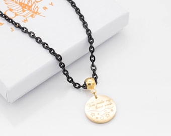 Schwarze Edelstahl Halskette mit goldenem Anhänger, Gravur, Spruch, Gliederkette, Modeschmuck, Geschenkidee