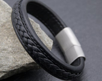 Braided leather bracelet "Kiano" black, genuine leather, men's leather bracelet, magnetic clasp, size selectable