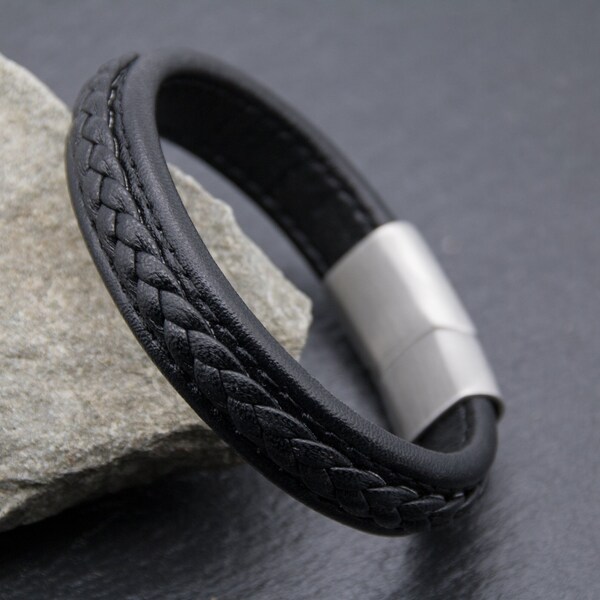 Braided leather bracelet "Kiano" black, genuine leather, men's leather bracelet, magnetic clasp, size selectable