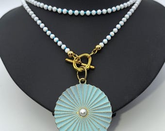 Necklace women, Summer, pearl necklace, long necklace, turquoise pendant, white chain, costume jewelry, Lucky, necklace women, pearl jewelry