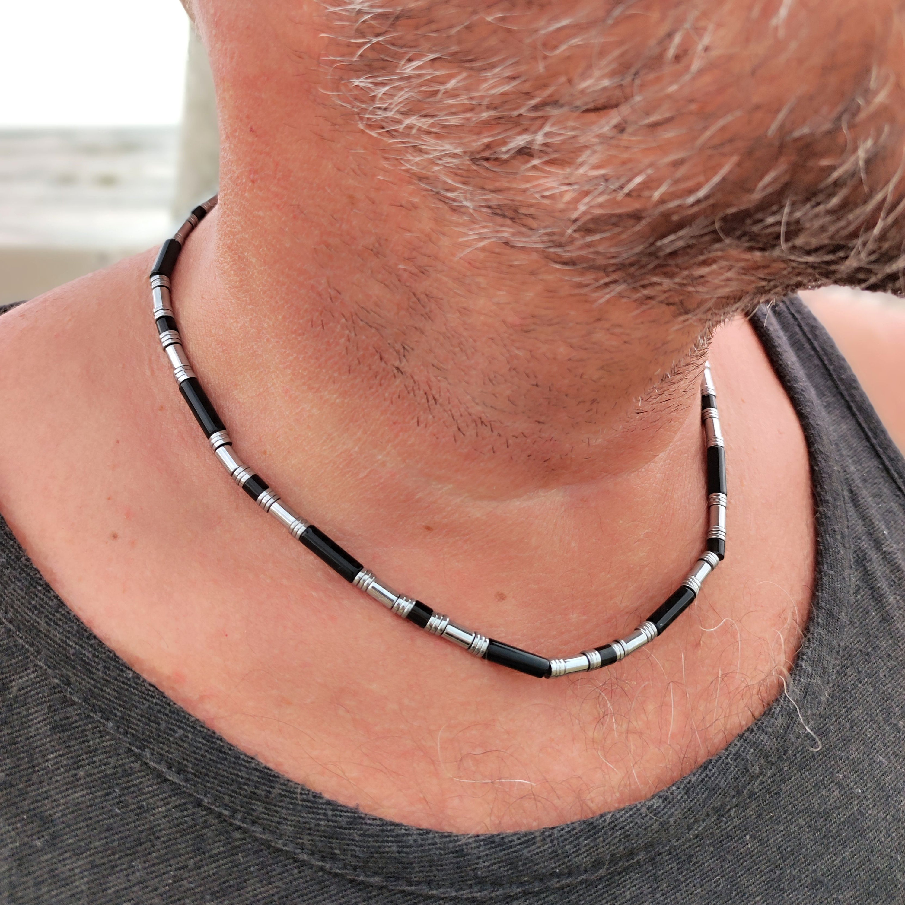Black and silver beaded necklace discount