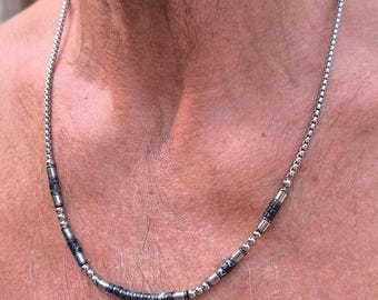 Men's necklace made of pearls and stainless steel with snow obsidian and hematite; masculine pearl necklace; men's stainless steel necklace; fashion jewelry