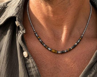 Men's necklace made of pearls and stainless steel with yellow tiger's eye, hematite, masculine pearl necklace, men's stainless steel necklace, fashion jewelry