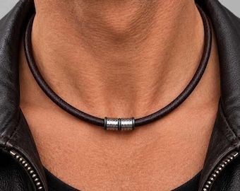 Leather necklace for men, stainless steel beaded necklace, men's choker, adjustable jewelry, short chain, high-quality fashion jewelry, handmade