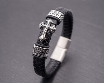 Leather bracelet with cross men, men's jewelry, wide leather bracelet black, magnetic clasp, gift men