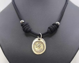 Handmade necklace made of black rope, silver pendant, summer jewelry for women, short chain, necklace for women, palm tree, sun, beach