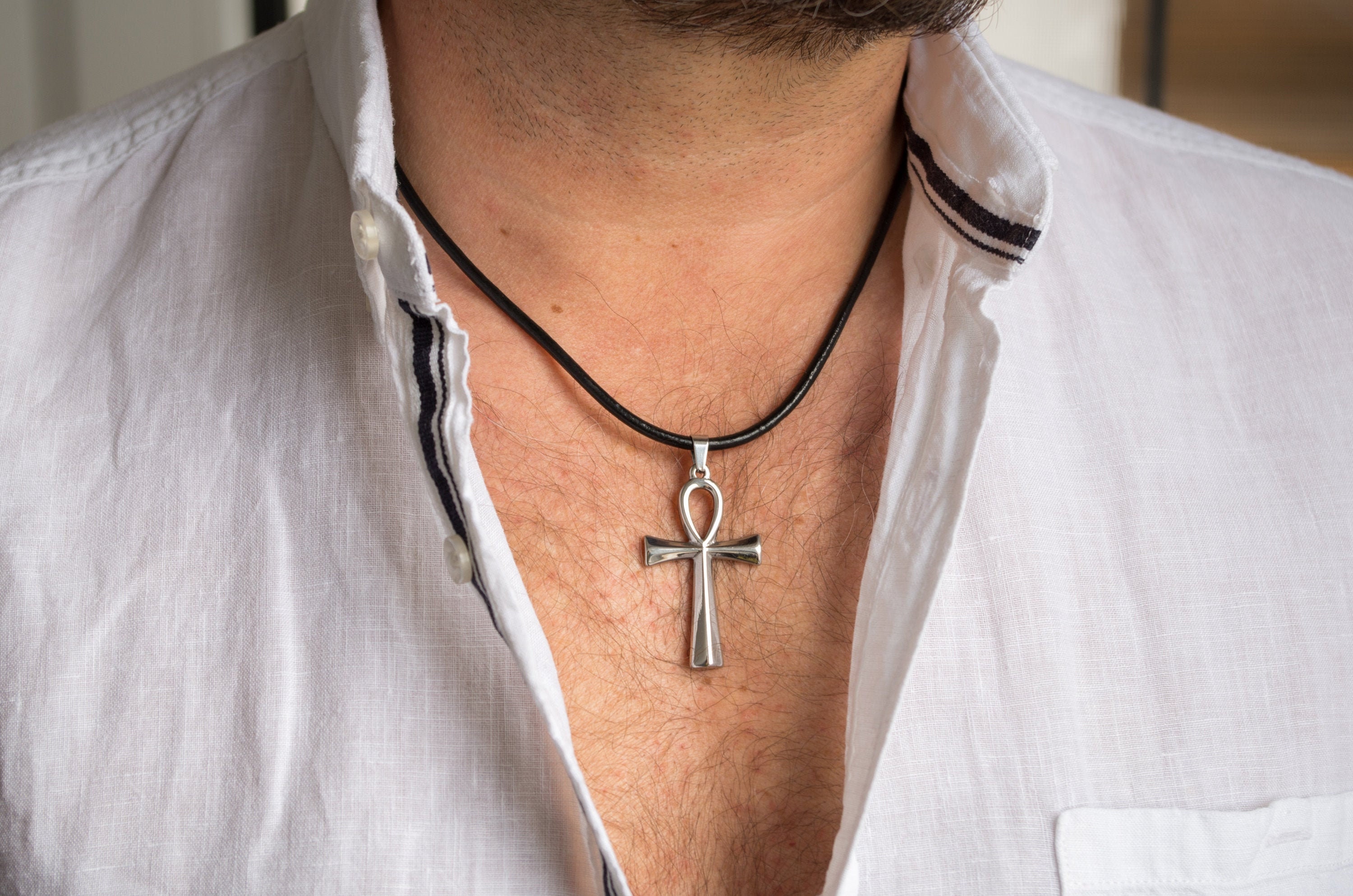 Small Mens Stainless Steel Cross Pendant on Black Leather Cord - 18 Inch -  Walmart.com