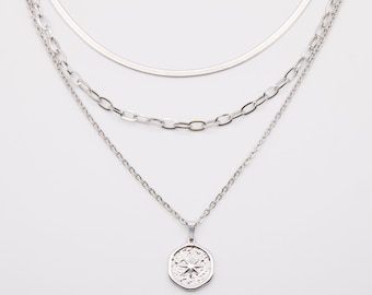 Halsband i lager "Stjärna" silver, flerradigt halsband, gemhalsband, länkkedja, halsband, damsmycken, present