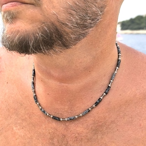 Elegante ketting van sneeuwobsidiaan en hematiet - trendy, herensieraden, helende steen, ketting, obsidiaan, edelsteensieraden, herensieraden
