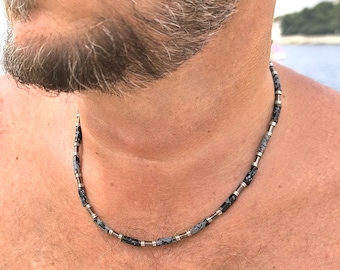 Elegant snow obsidian and hematite necklace - trendy, men&#39;s jewelry, healing stone, chain, obsidian