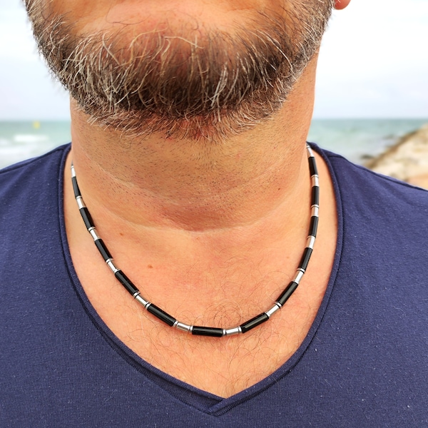 Hämatit Achat Kette für Männer, handgefertigt, maskulin, Männerschmuck, natürliche Edelsteine, stylische Herren Halskette, schwarz, silber